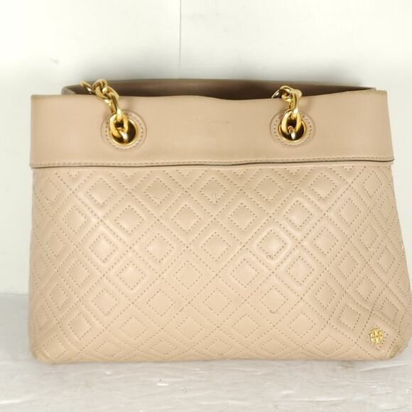 TORY BURCH Light Oak Fleming Diamond Quilted Small Gold Chain Tote Purse Bag - Picture 2 of 16